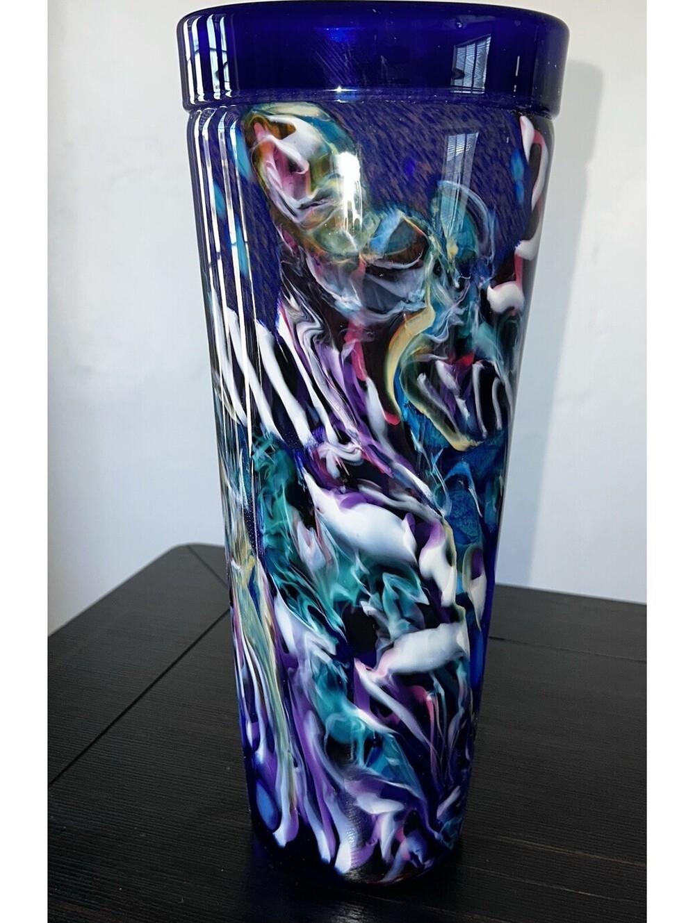 Curtiss Brock CB Glass Hand Blown Art Glass Vase 14" Tall Blue Swirl Marbled EUC